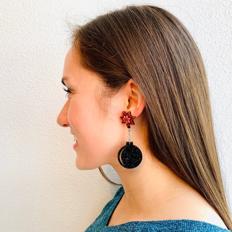 Glitter Bomb Earrings with Sterling Silver Posts Da Bomb Acrylic Earrings Black Explosive Statement Earrings