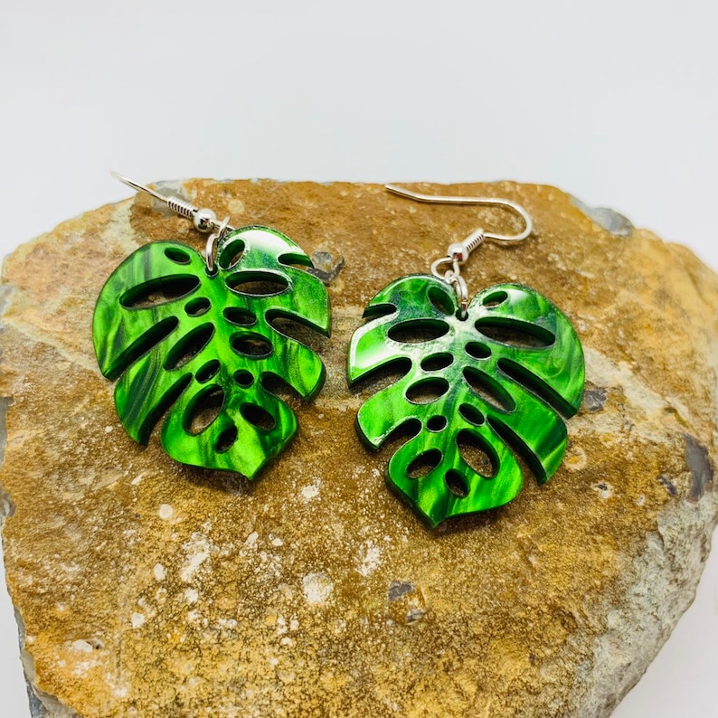 Small Green Iridescent Monstera Leaf Earrings Laser Cut | Etsy