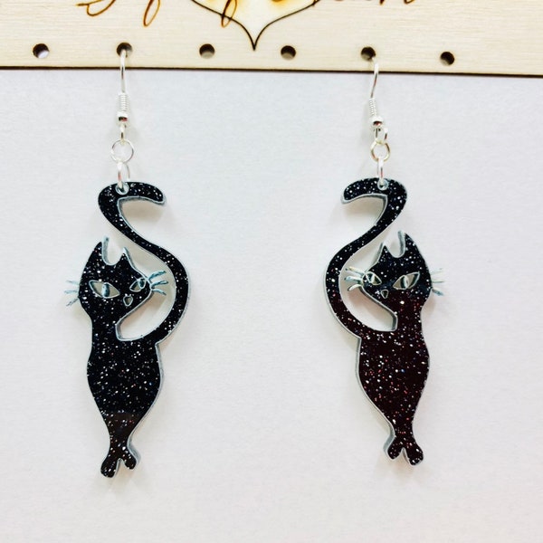 Sassy Black Glitter Cat Acrylic Earrings, Feline Statement Earrings, Cat Love Gift Pierced or Clip-on