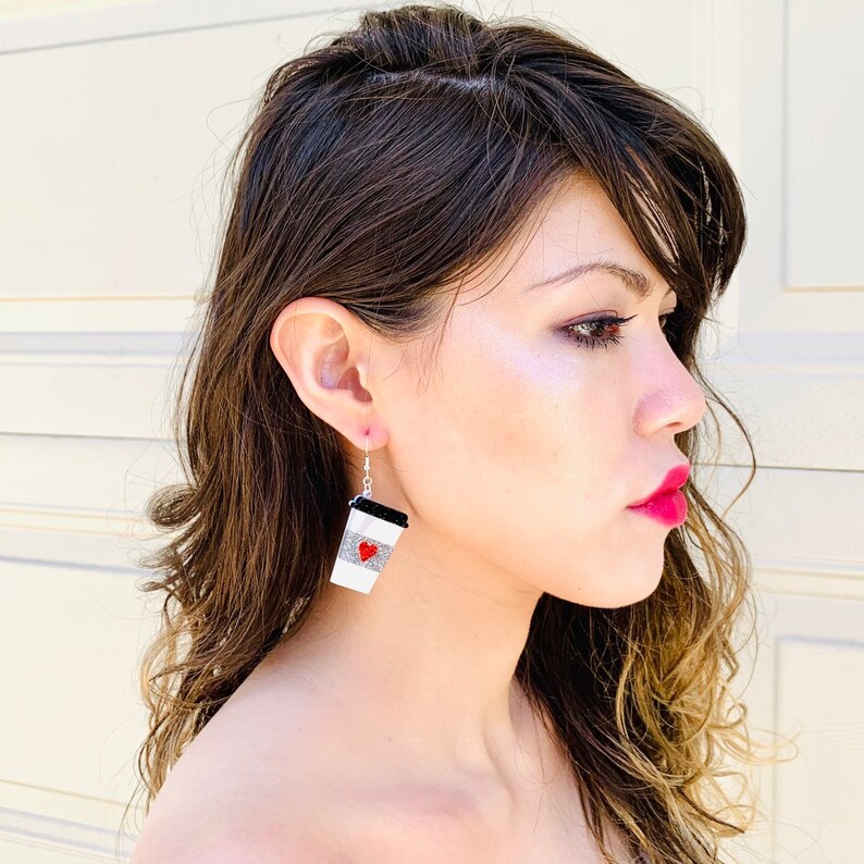 Laser Cut Coffee Glitter Statement Earrings Cup of Java Pierced or Clip-On Cup of Latte Acrylic Earrings