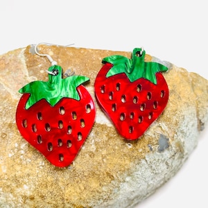 Large Strawberry Acrylic Earrings, Iridescent Red Fruit Statement Earrings, Pierced or Clip-on