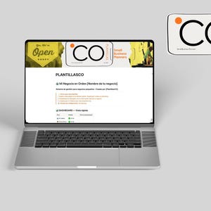 May include: A silver laptop displays a website interface with the text "PLANTILLASCO" and a logo featuring the letters "CO." A sticker with the same logo is visible. The website appears to be a dashboard for small business planners.