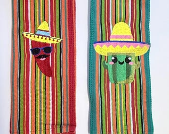 Jalepeno and cactus kitchen towels, southwestern theme, salsa style towels, embroidered tea towels.