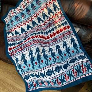 Handmade Mosaic Crochet Blanket Throw, Multi Colour Sea Theme Blanket