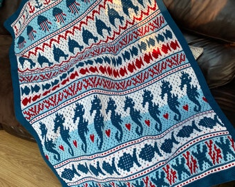 Handmade Mosaic Crochet Blanket Throw, Multi Colour Sea Theme Blanket