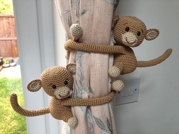 Pair of Crochet Monkey Curtain Tie Backs, Animal Curtain Ties, Nursery tiebacks