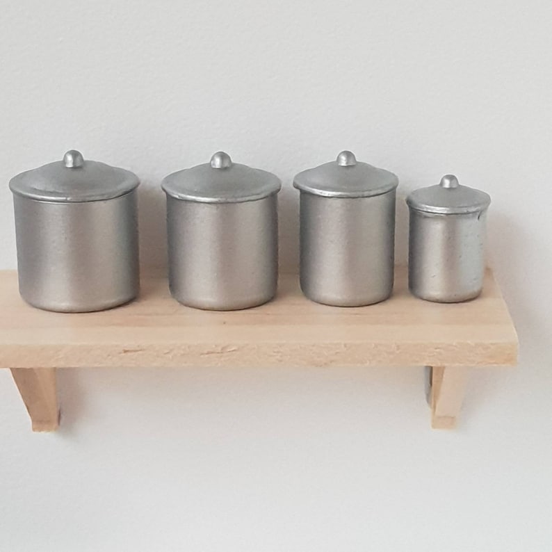 Dollhouse Miniature Metal Canister set with lids /& towels 10 pc set 1:12 scale