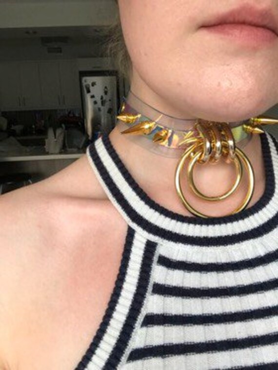 Iridescent Pvc Double O Ring Choker W Spikes Pvc Choker Etsy Iridescent Pvc Double O Ring Choker W Spikes Pvc Choker Etsy