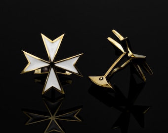 Maltese Cufflinks / Malta Cross / White Enamel Cross / Tuxedo Cufflink / Gold / Religious / Knights of Malta / Cufflink