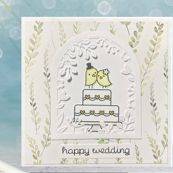 Elegant white Wedding Cake Card With Congratulations, Hand Stamped With gold trim