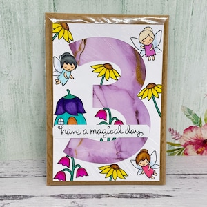 Happy fairy third birthday card with whimsical fairies and flowers
