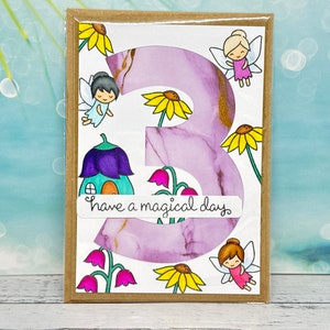 Happy fairy third birthday card with whimsical fairies and flowers