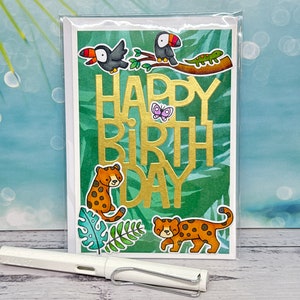 Handmade jungle birthday card, jungle animals, leopards card
