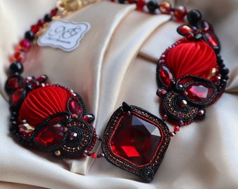 Handmade Shibori Statement Necklace: Silk Ribbon, Crystal, and Onyx