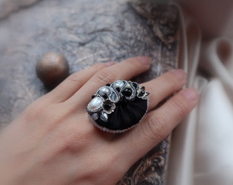 Shibori Ring, Statement rings, Shibori Jewelry, Pearl Ring, for women, black silk ring, Appreciation gift, for wife, one-of-a-kind brooch