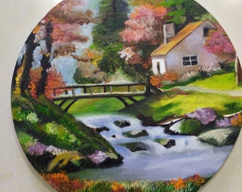 12 Inch Bright Colorful Scenery, Soothing scenic  Scenery on Circular canvas , Oil Painting