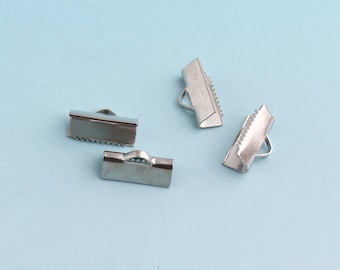 Silver Ribbon End Clamps 50pcs 13mm Ribbon End Fastener Clasp Crimp Fasteners - Closures Leather End Crimps