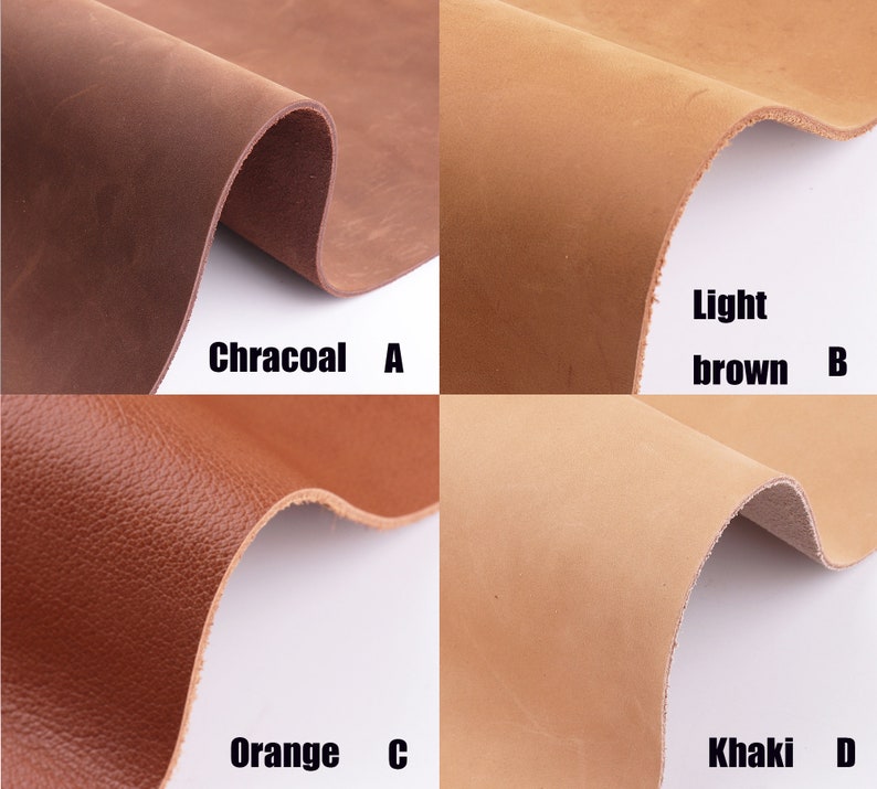 May include: Four leather swatches in different colors: charcoal, light brown, orange, and khaki. The swatches are labeled with the color name and a letter.
