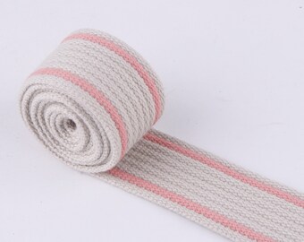 Naturvävband 32 mm Rosa ränder Canvasvävband Tygbälte Bomullsvävband Hundhalsband Vävband Väskband