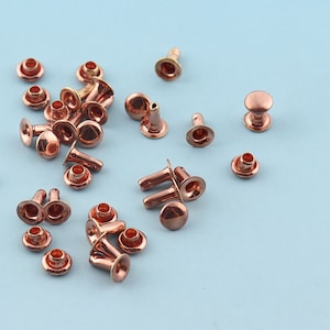 Könnte beinhalten: Eine Sammlung von kupferfarbenen Metallnieten und Nieten. Die Nieten haben einen runden Kopf und einen Schaft. Die Nieten haben einen runden Kopf und einen Stift.