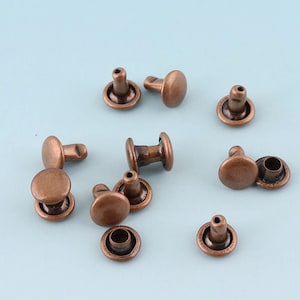 May include: A collection of copper-colored metal rivets, some with a hollow center, for use in leather crafting or other DIY projects.