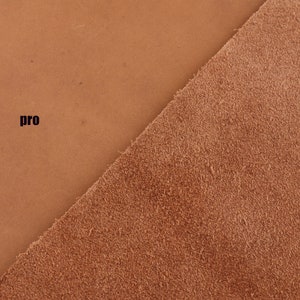 May include: Close-up of two different types of leather. The left side is smooth and the right side is suede. The word "pro" is written on the smooth leather.