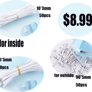 May include: Two bundles of white plastic nose wire for face masks. The top bundle is labeled "10*3mm 50pcs" and the bottom bundle is labeled "10*5mm 50pcs". The image also shows a blue face mask with a silver nose wire labeled "for outside 90*5mm 50pcs".