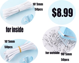 May include: Two bundles of white plastic nose wire for face masks. The top bundle is labeled "10*3mm 50pcs" and the bottom bundle is labeled "10*5mm 50pcs". The image also shows a blue face mask with a silver nose wire labeled "for outside 90*5mm 50pcs".