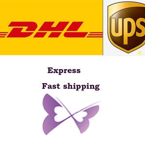May include: DHL and UPS logos with the text "Express Fast shipping" and a purple butterfly graphic.