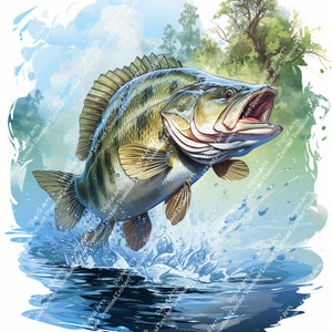 4 achigan à grande bouche aquarelle haute qualité PNG | Sublimation | Téléchargement numérique | Designs de T-shirts | Peinture animalière | Clipart poisson
