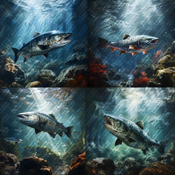 4 Salmon Underwater | High Quality PNG| Sublimation | Digital Download | T-shirt Design | Fish Painting | Fish Animal Clipart | Postcard