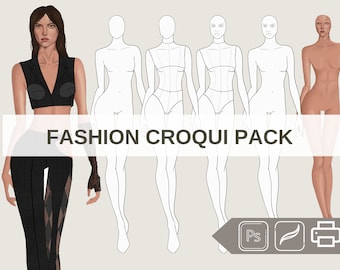 FASHION CROQUIS figure/template - 6 PDFS/template and skin color - styled pose (Female)