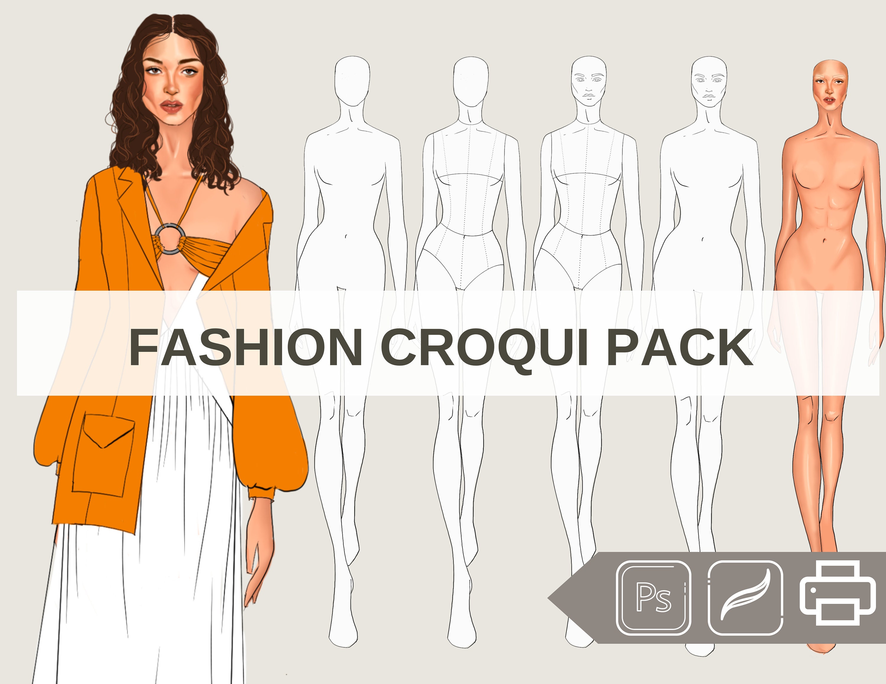 FASHION CROQUIS figure/template - 6 PDFS/template and skin color - styled pose (Female)