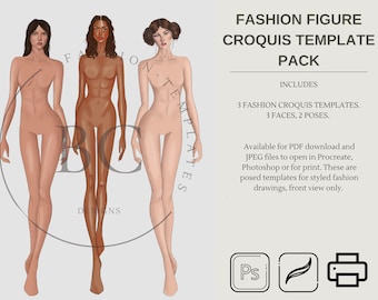 FASHION CROQUIS figure/template - with 3 skin colors - styled pose (Female)