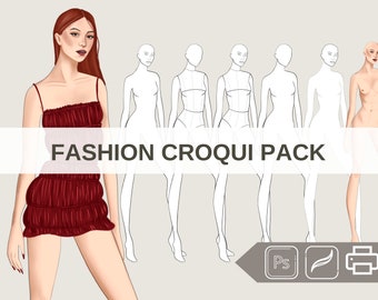 FASHION CROQUIS figure/template - 7 PDFS/template and skin color - styled pose (Female)