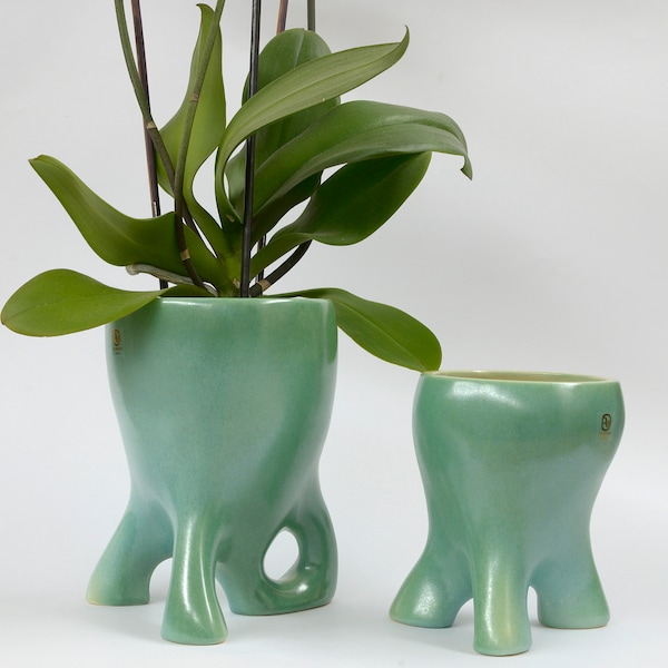 Set of 2 Ceramic Planters / Unique Orchid Pot / Turquoise Plant Pots / Handmade Planters