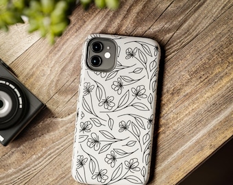 Funda resistente para teléfono con estampado floral de líneas negras / Contorno de flores botánicas