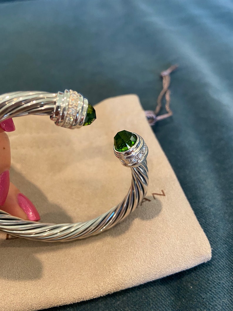 David Yurman 7mm Bracelet Sterling Silver Diamond Peridot