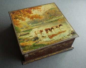 Antique Art Nouveau Co-operative Wholesale Society Biscuit Tin – Attractive Pastoral Scene. c.1910