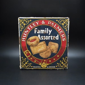 Rare Antique 9&quot; Paper Covered Huntley & Palmers Family Assorted Biscuit Tin. 1920s