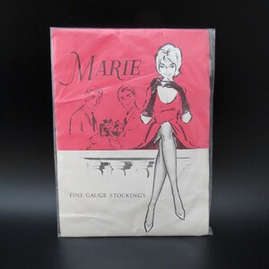 May include: A vintage advertisement for Marie Fine Gauge Stockings featuring a woman in a red dress and black gloves sitting on a ledge. Two men are standing behind her, one holding a gift box.