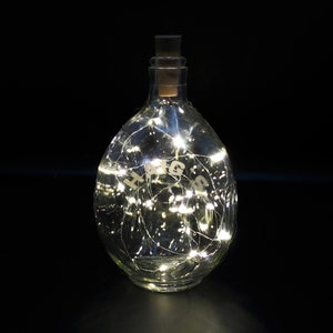 May include: A clear glass bottle with a cork top filled with white fairy lights. The bottle has the word "HAGS" written on it.