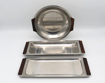 Stylish Vintage Danish Mid-Century Modern Stainless Steel & Rosewood Serving Trays and Bowls 1960s/70s - Sold Individually
