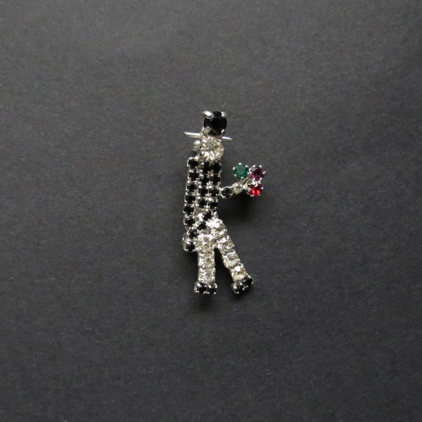 Unusual Vintage Novelty Paste/Rhinestone Brooch – Gentleman in Top Hat & Tails with Flowers - FREE UK DELIVERY