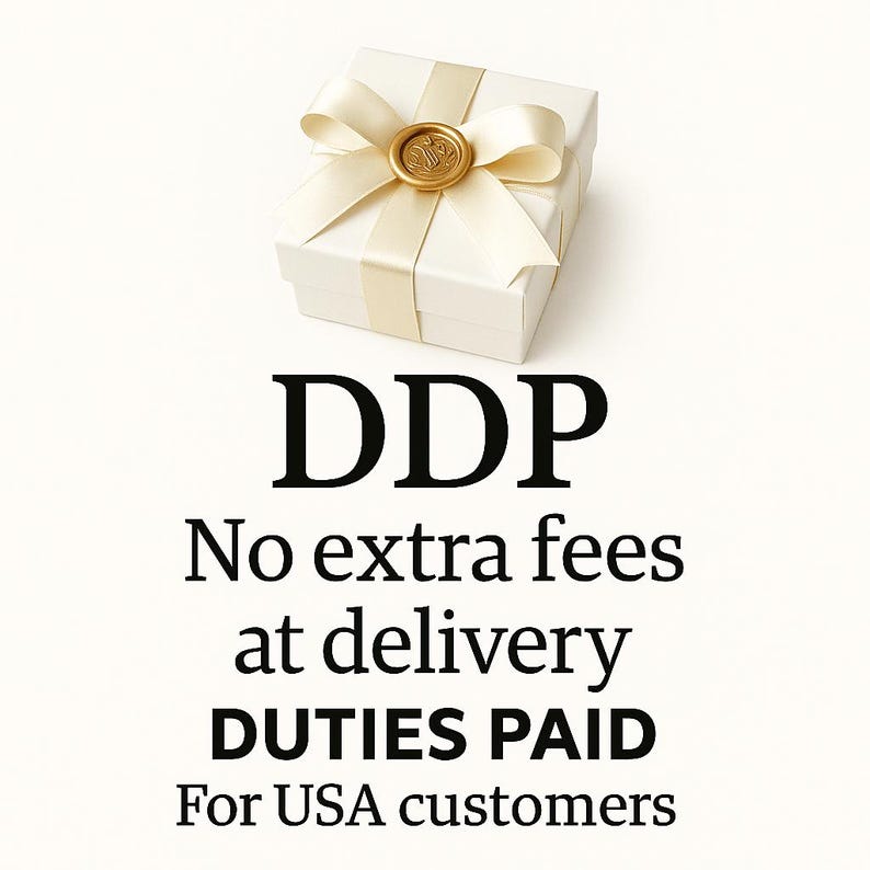 Graphic showing a gift box with text "DDP No extra fees at delivery, DUTIES PAID for USA customers" to assure clear pricing.