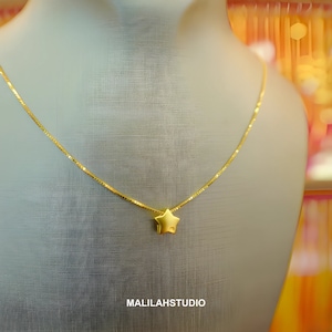 Pure 999 Solid 24K Yellow Pendant Star Shaped With Necklace Gold Plated (Vermeil) Cute Minimal 44 cm, Necklace for Her, Everyday Necklace