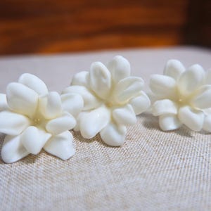 May include: Three white flower-shaped objects with multiple petals are arranged on a textured, light-colored surface. The flowers have a creamy, off-white color and a delicate appearance, suggesting a floral theme.