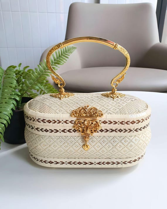 Yan Lipao Basketry Handbag: Thai Wickerwork With Gold Handle - Etsy