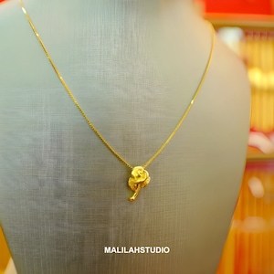 Pure 999 Solid 24K Yellow Pendant Rose Flower With Necklace Gold Plated (Vermeil) Cute Minimal 44 cm, Necklace for Her, Everyday Necklace