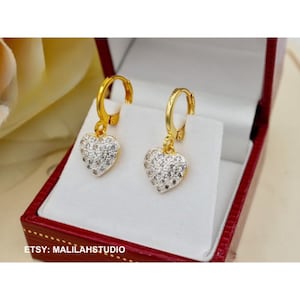 24K Gold Filled Dangle Earrings, Heart Shaped Decorated with CZ Diamond, Handmade Thai Jewelry , Exquisite Work, Gift for Her